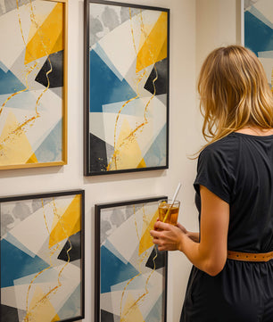 Abstract Geometric Art with Gold Accents in Blue, Yellow, and Gray - Mi tienda