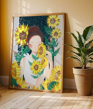Young woman surrounded by vibrant sunflowers in a serene setting