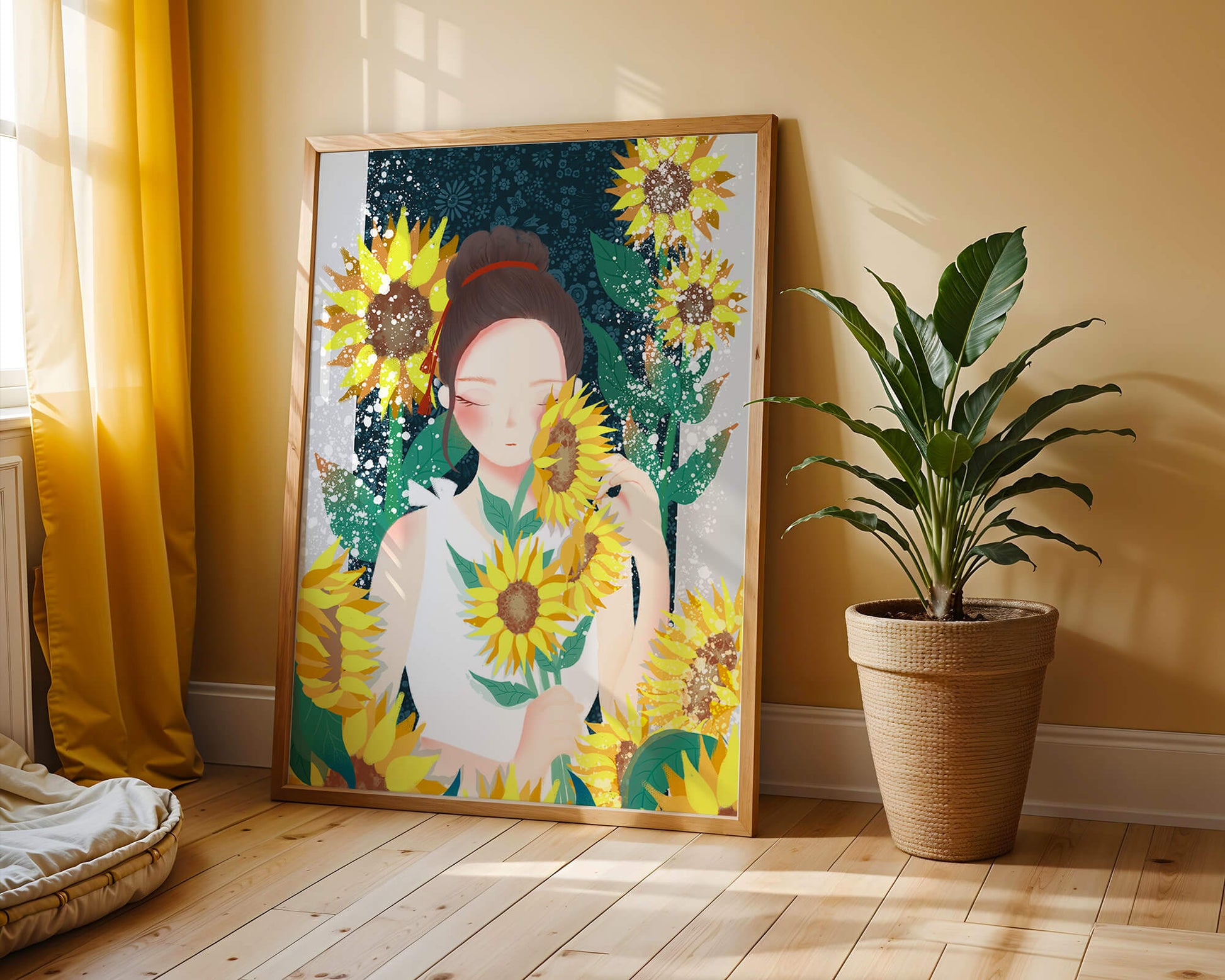 Young woman surrounded by vibrant sunflowers in a serene setting