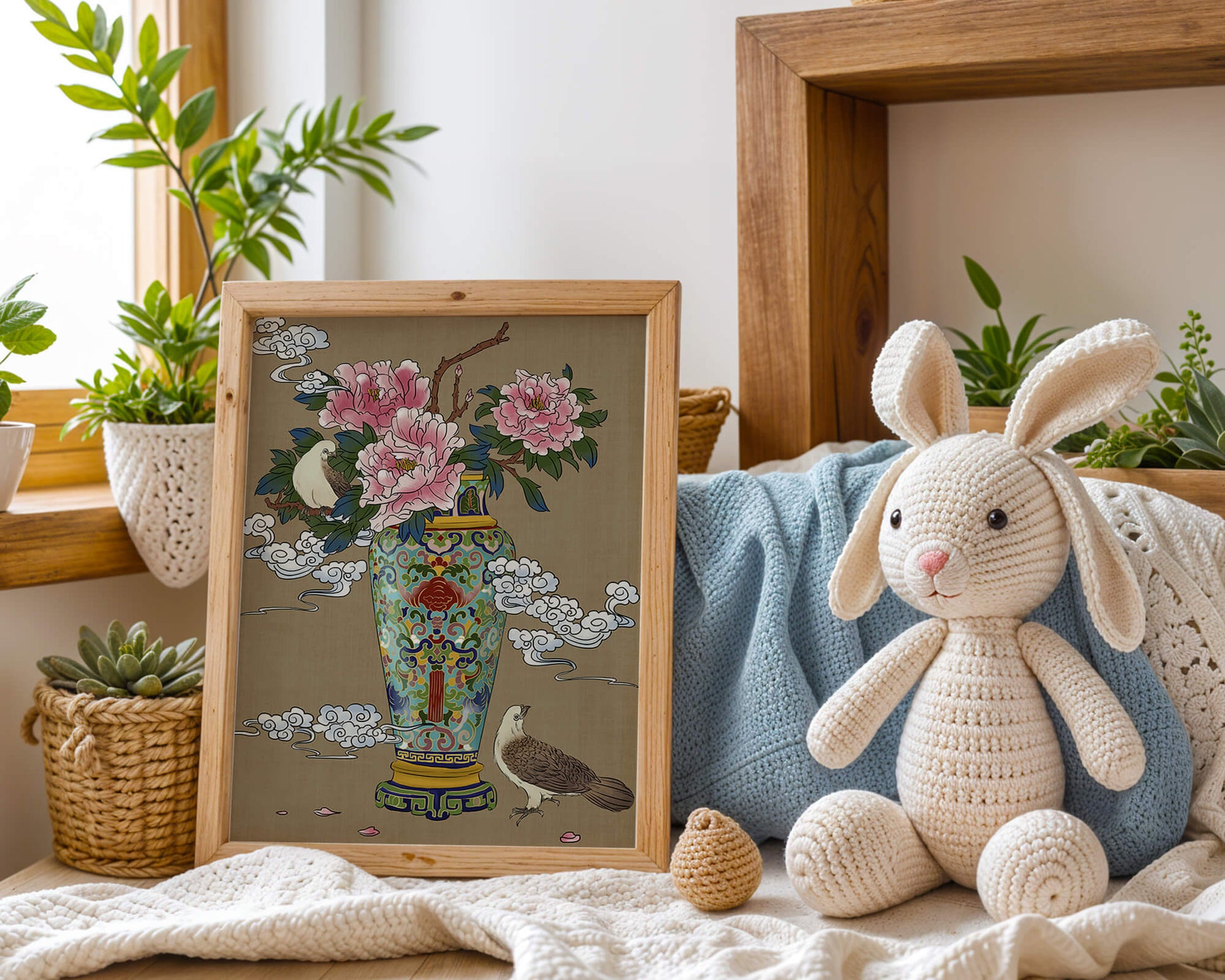 Elegant Asian Style Vase with Peonies and Birds