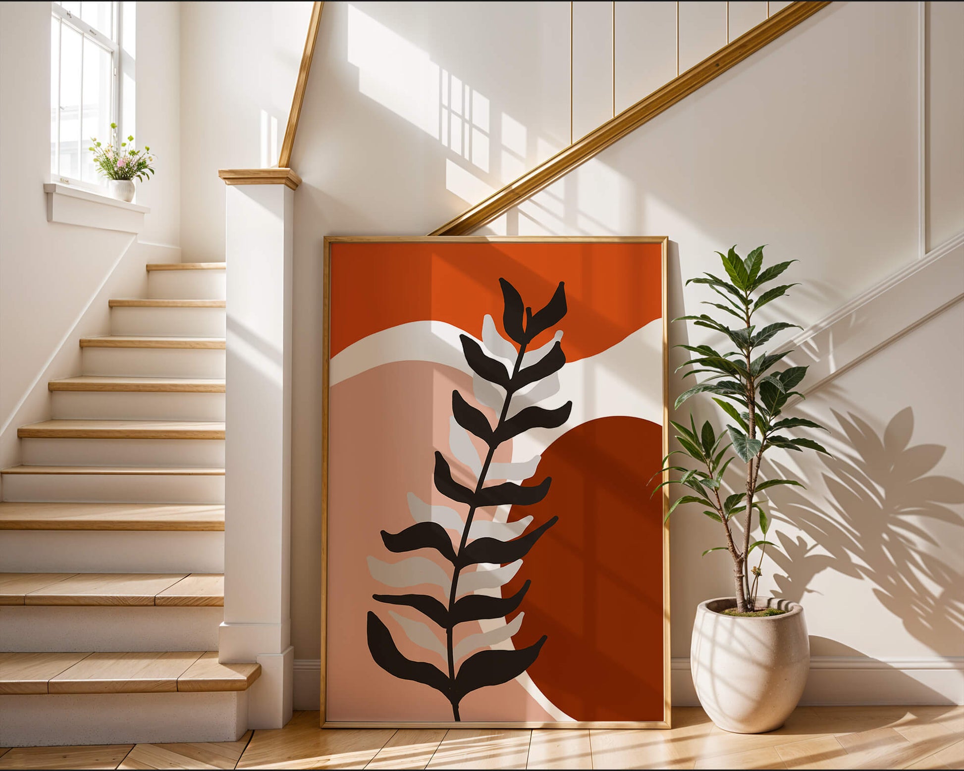 Abstract Botanical Print with Earth Tones and Modern Leaf Design