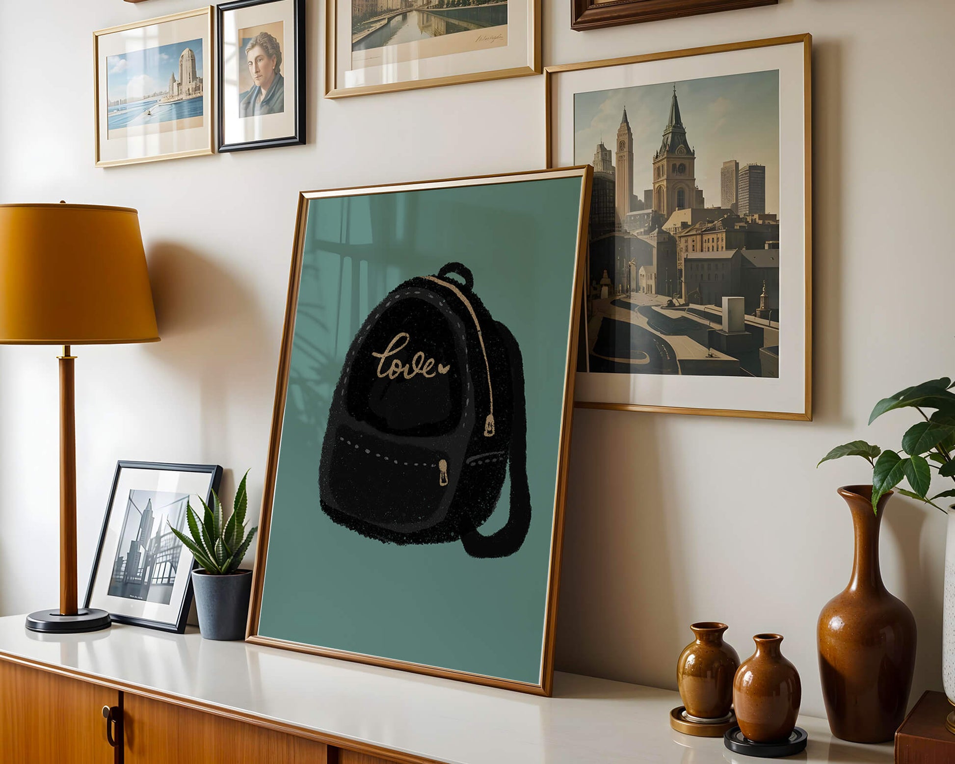 Elegant black backpack with gold accents and love inscription