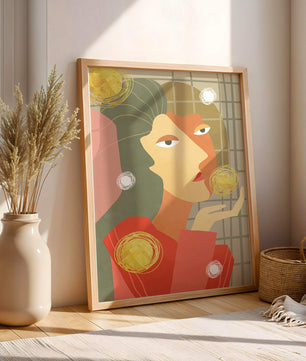 Abstract portrait artwork with geometric forms and gold accents