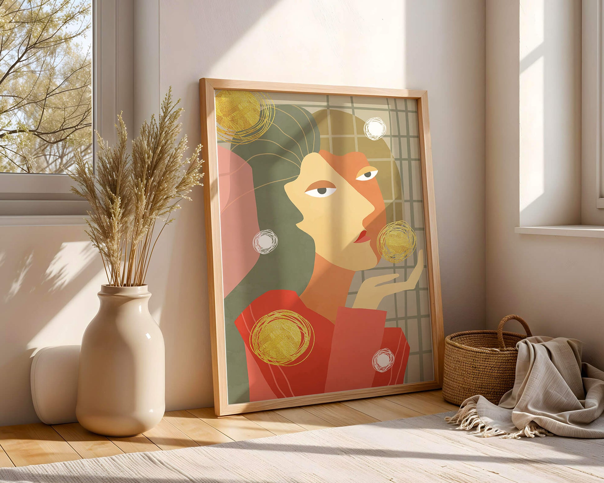Abstract portrait artwork with geometric forms and gold accents