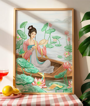 Femme élégante en tenue traditionnelle assise dans une barque parmi des fleurs de lotus