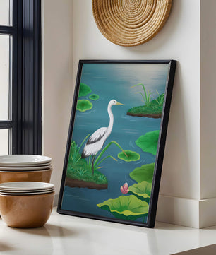 Serene wetland scene with white crane and water lilies