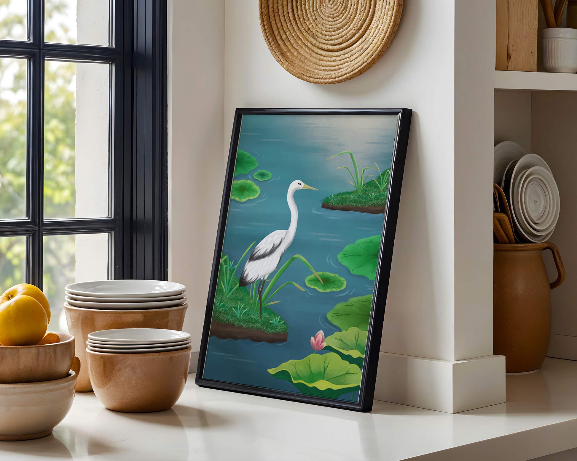 Serene wetland scene with white crane and water lilies