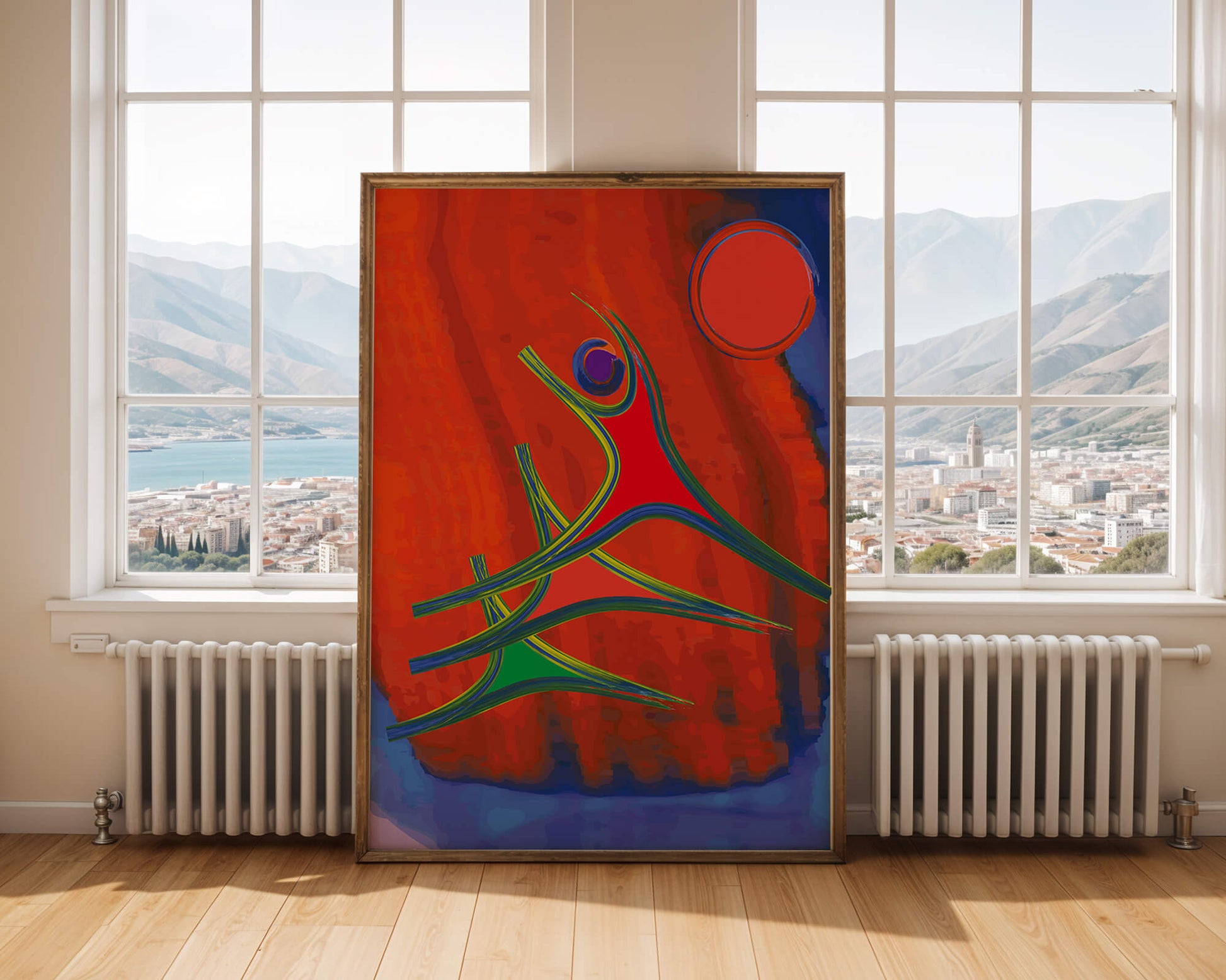 Abstract colorful artwork with dynamic figures and bold colors