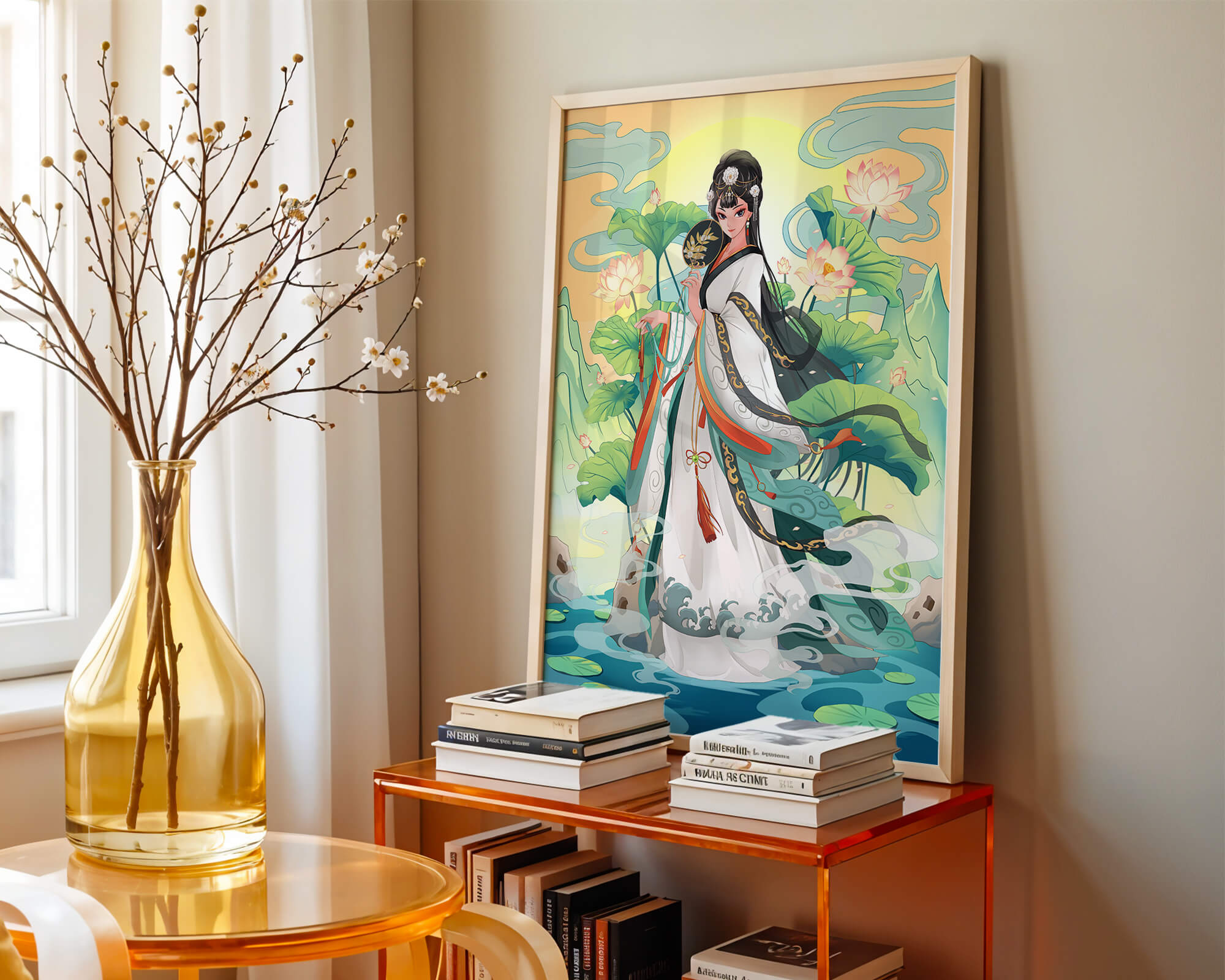Elegant woman in traditional attire with lotus flowers and serene backdrop