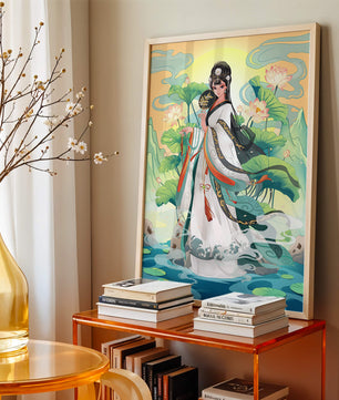 Femme élégante en tenue traditionnelle avec des fleurs de lotus et un décor serein