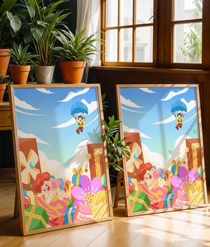 Colorful illustration with presents and children playing under a blue sky