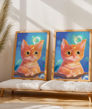 Adorable orange kitten illustration with bubbles and a colorful background