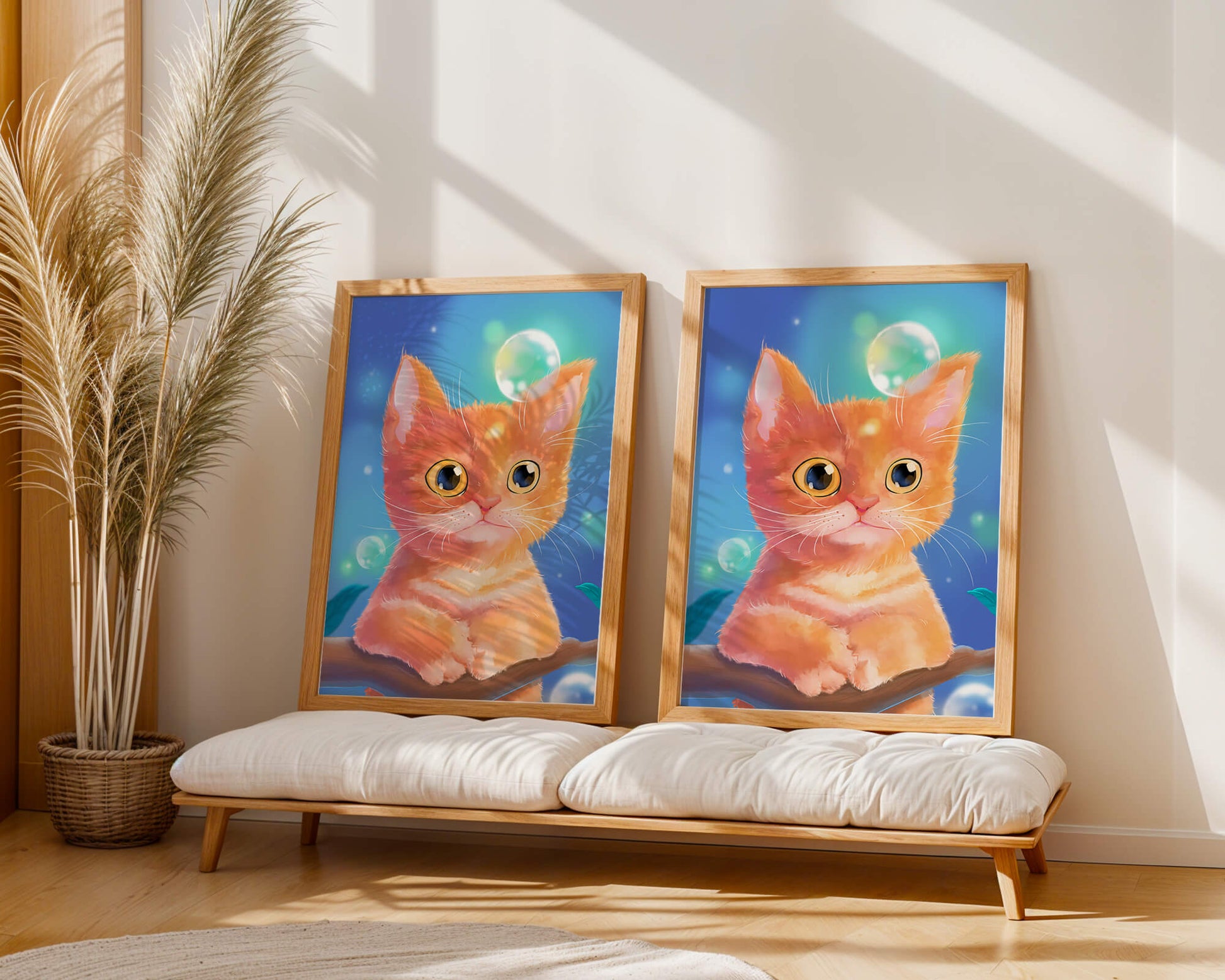 Adorable orange kitten illustration with bubbles and a colorful background