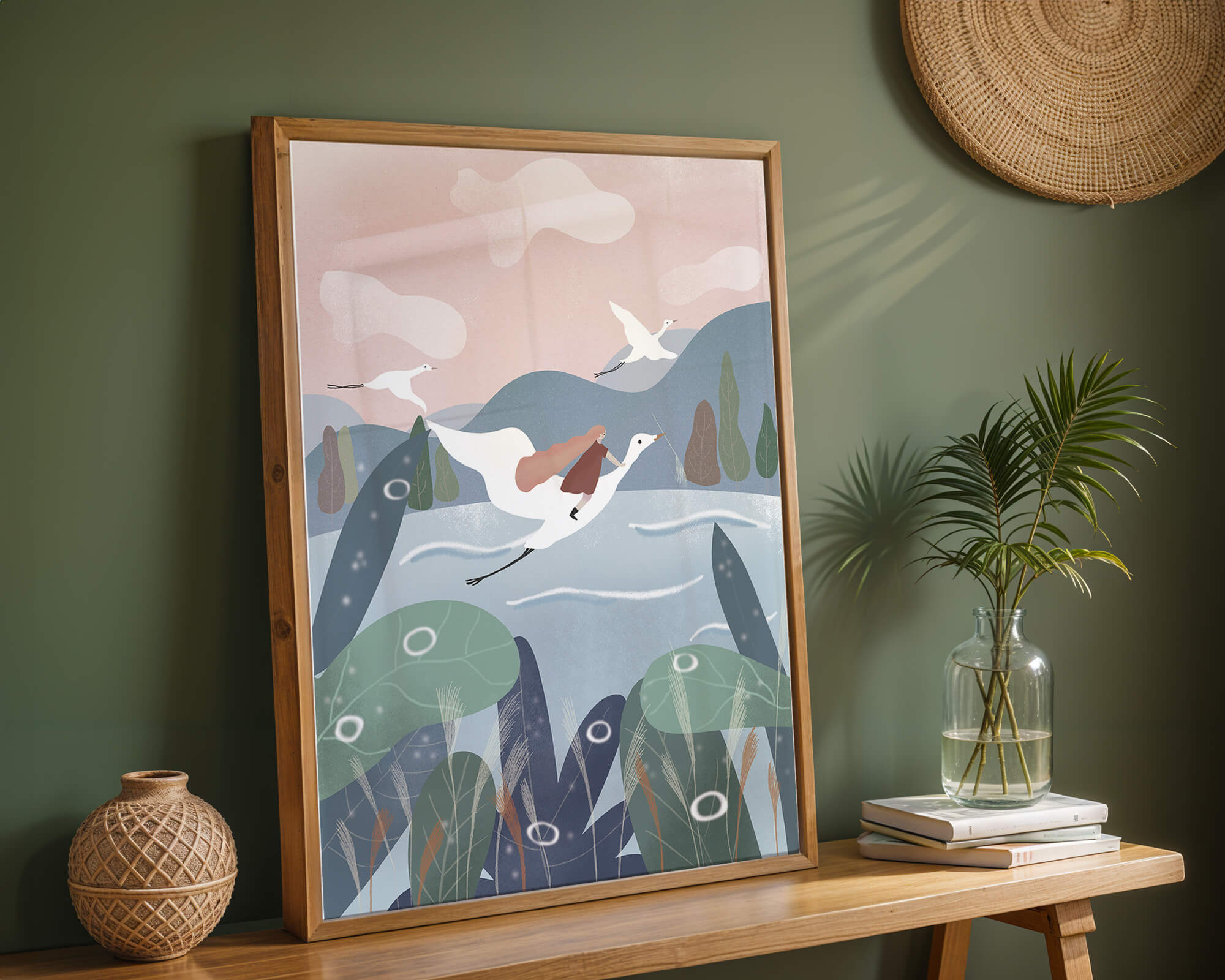 Whimsical landscape with flying birds and pink sky