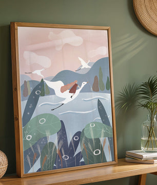 Whimsical landscape with flying birds and pink sky