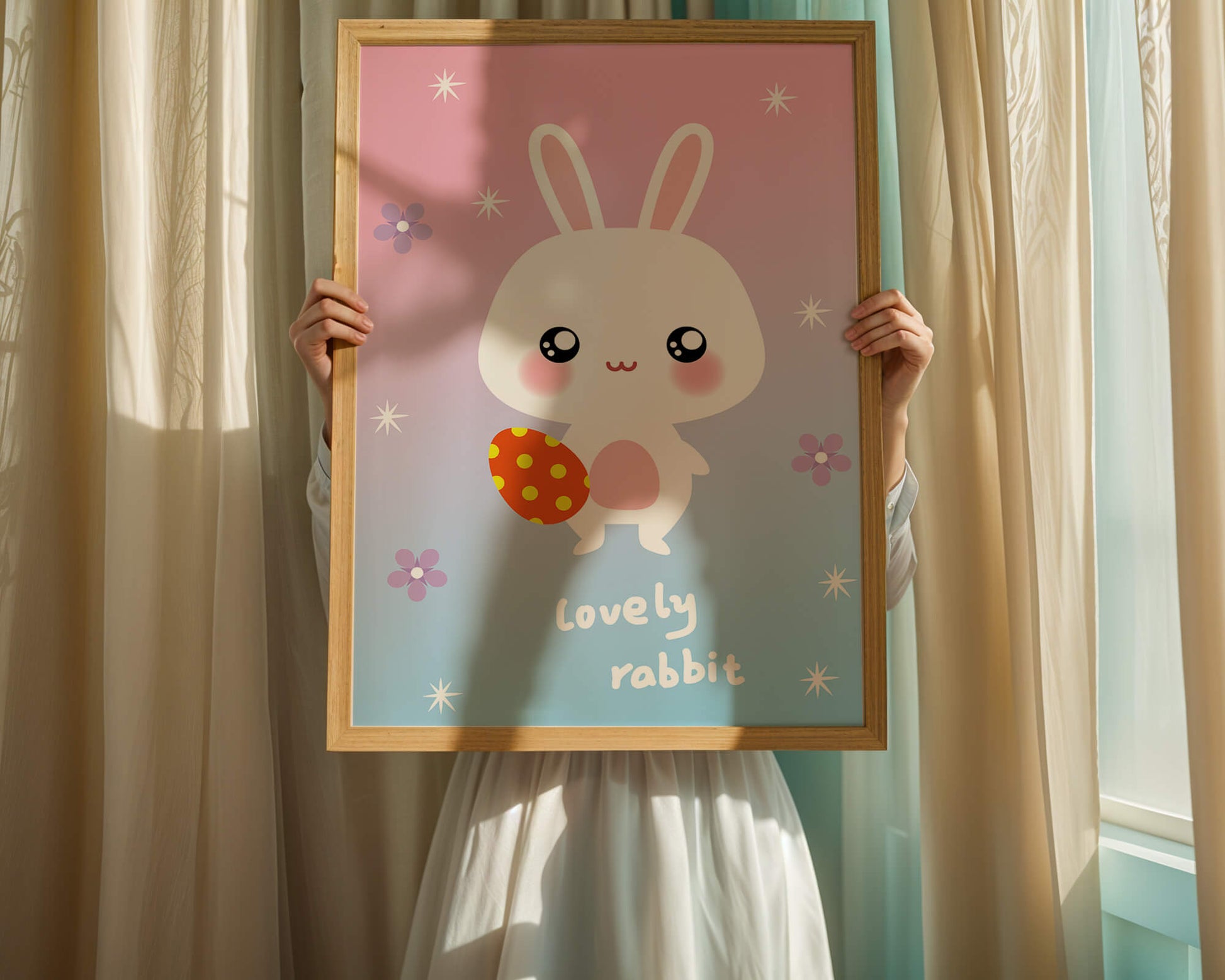 Adorable rabbit illustration with a colorful egg on a pastel background
