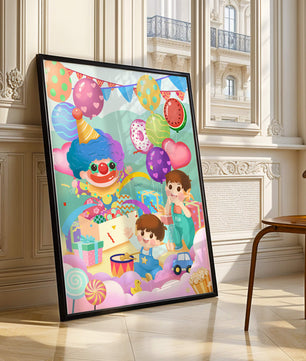 Colorful clown-themed children's party with balloons and toys
