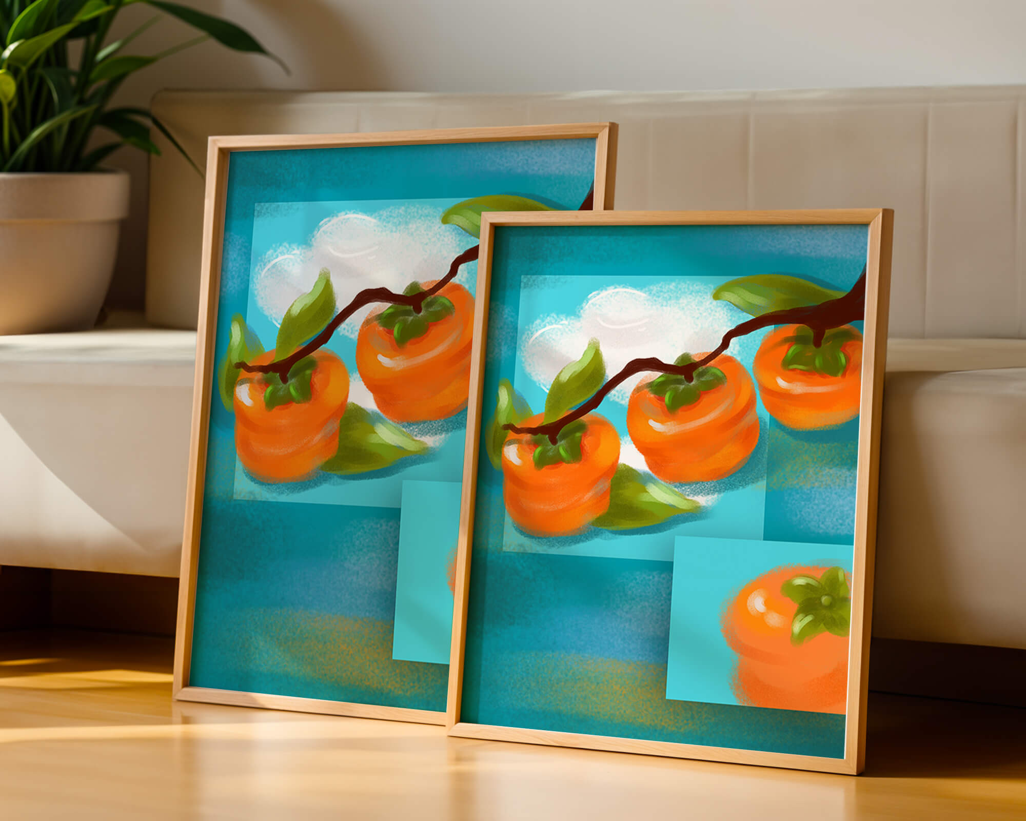 Vibrant persimmons on a branch with a blue background