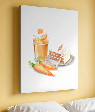 Illustration von Karottenkuchen und Saft mit frischen Karotten