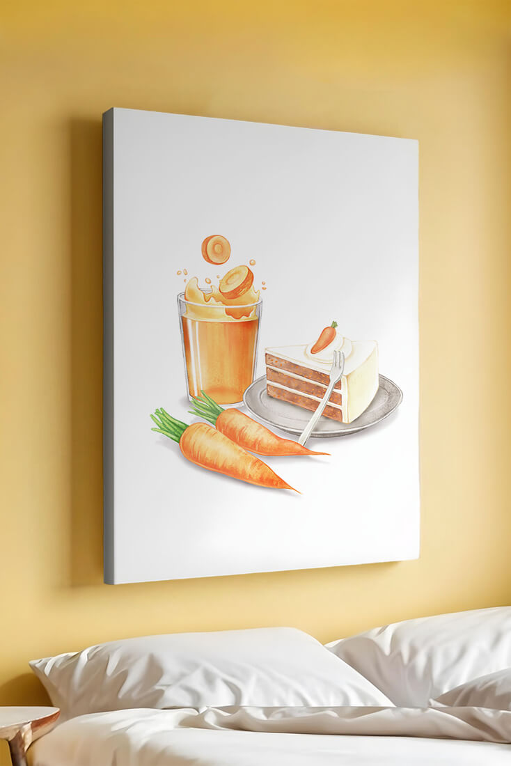 Illustration von Karottenkuchen und Saft mit frischen Karotten