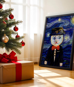 Whimsical cat character against starry night sky background