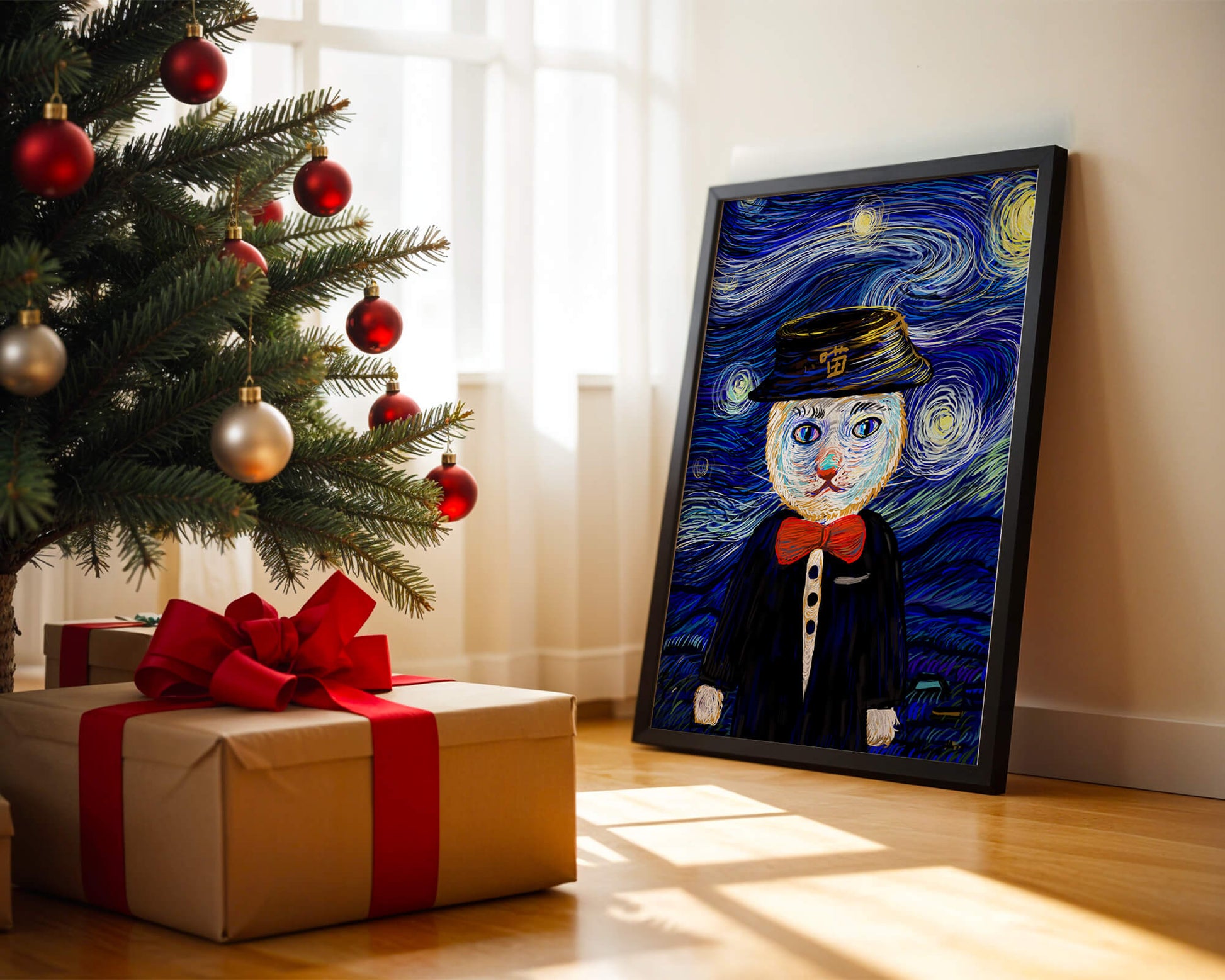 Whimsical cat character against starry night sky background