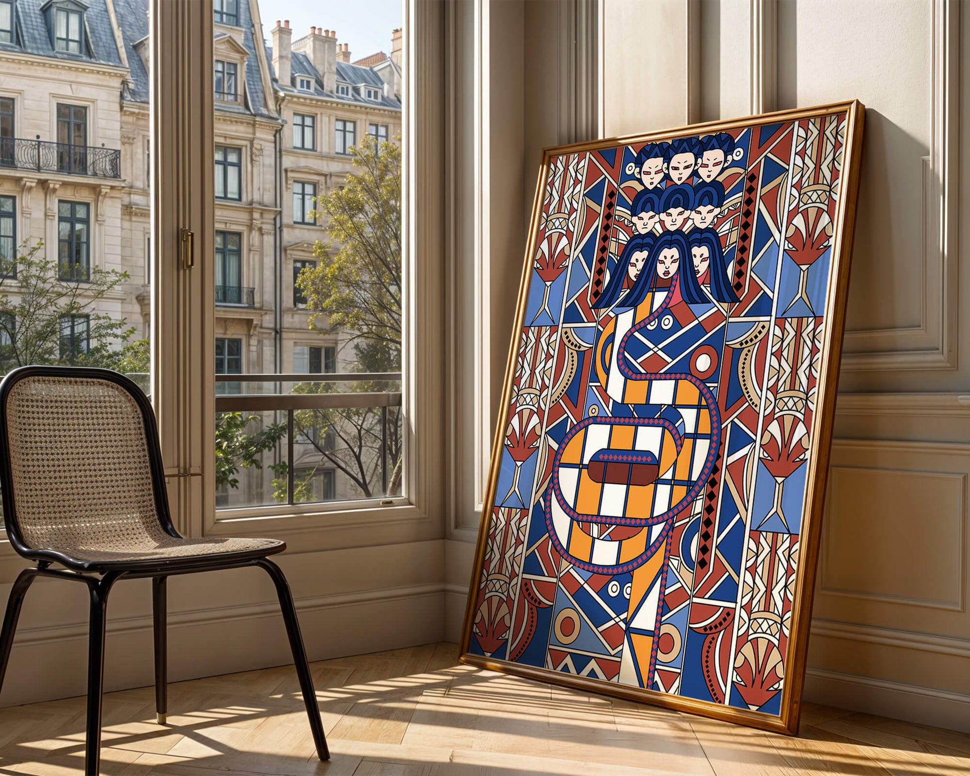 Patrón geométrico Art Decó con rostros y diseño simétrico