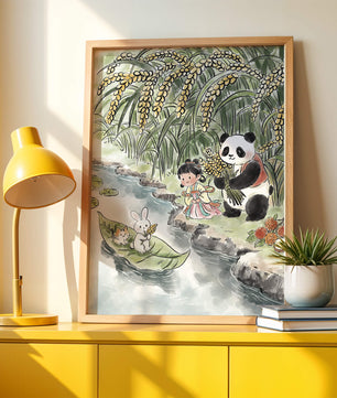 Escena caprichosa con un panda y un conejo junto al río