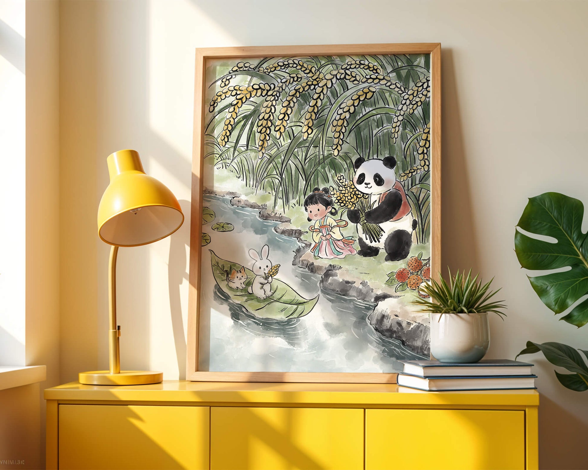 Escena caprichosa con un panda y un conejo junto al río