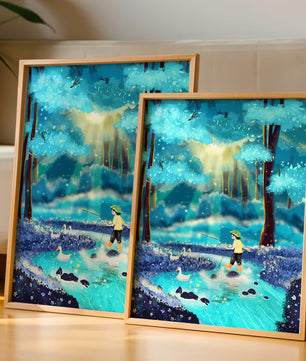 Colorful forest scene with a child and ducks by a stream
