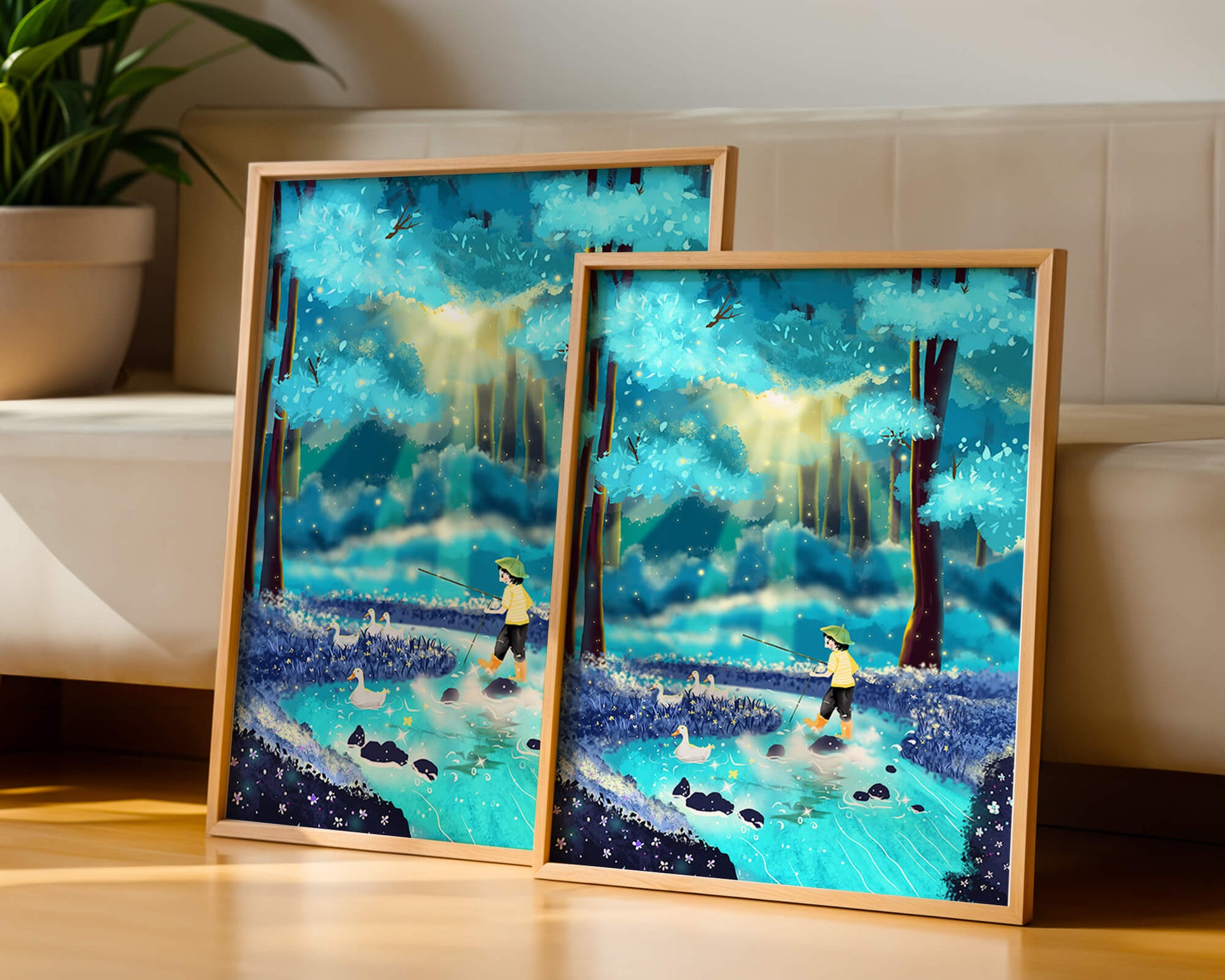 Colorful forest scene with a child and ducks by a stream