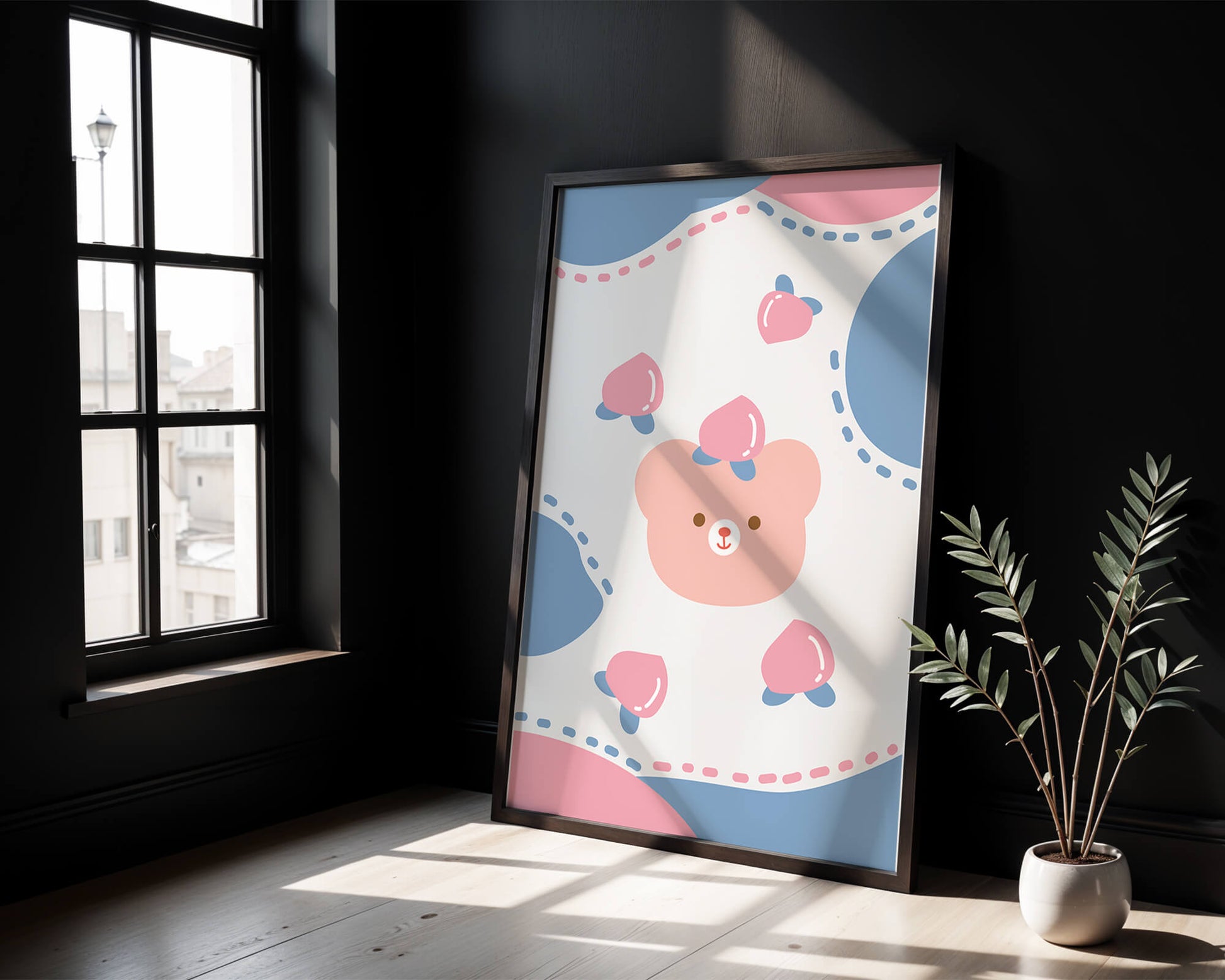 Adorable pastel bear with peaches and dotted background