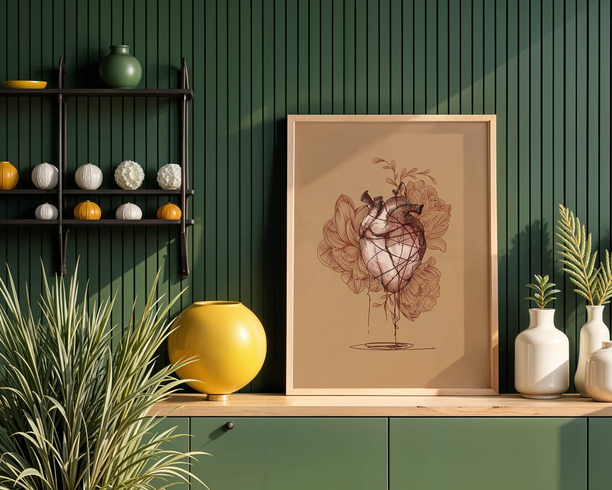 Ilustración detallada de un corazón anatómico con elementos florales sobre un fondo beige.