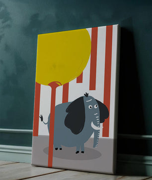 Illustration eines verspielten Elefanten mit einem gelben Ballon in abstrakter Umgebung