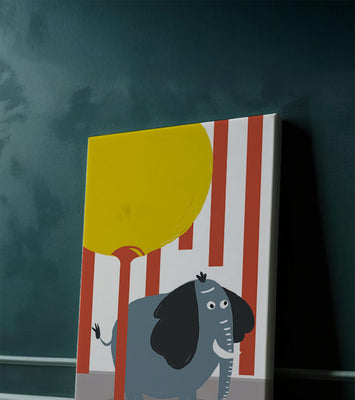 Illustration of a playful elephant with a yellow balloon in abstract setting