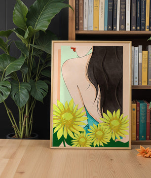 Ilustración de una mujer elegante con girasoles y cabello largo y oscuro