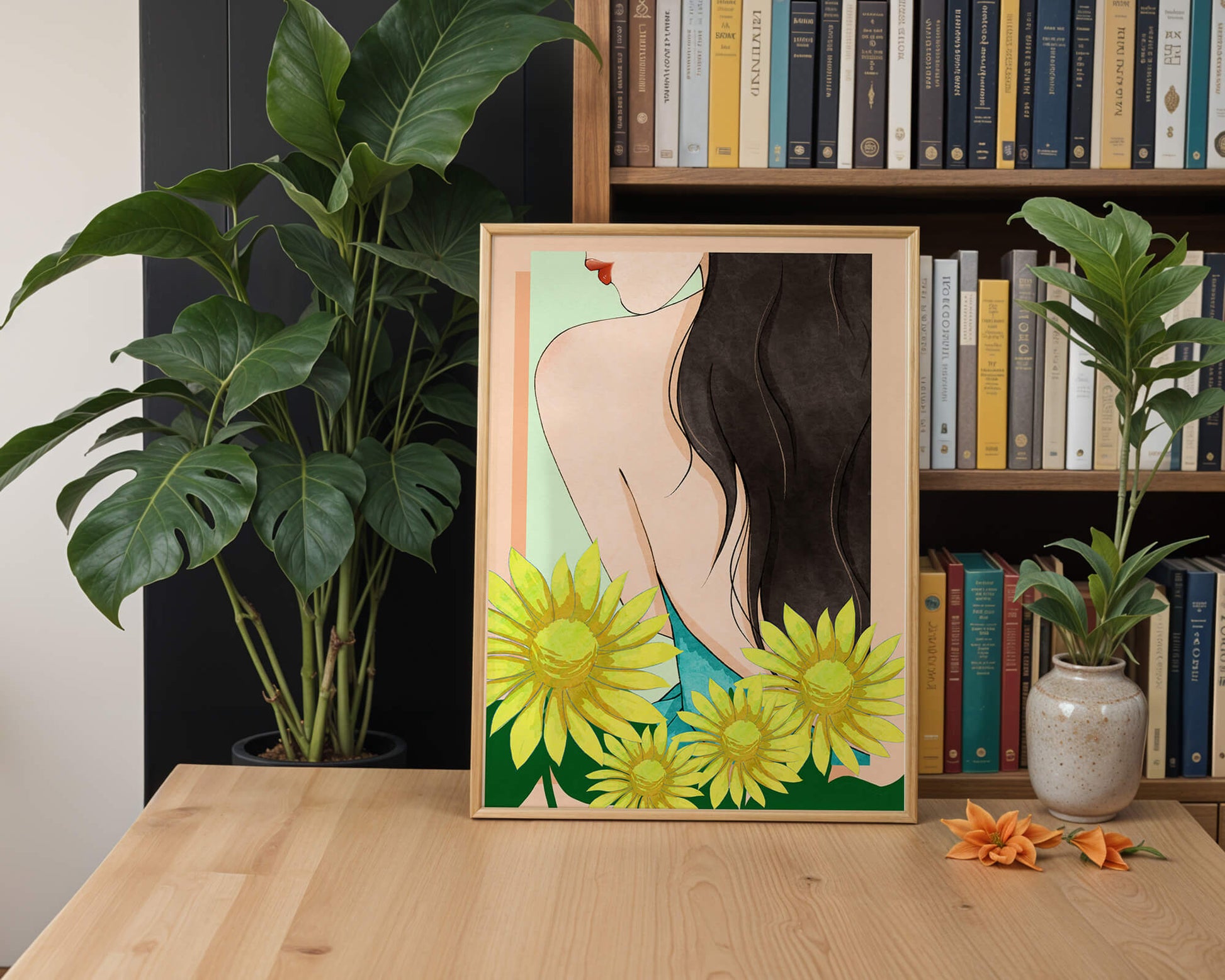 Ilustración de una mujer elegante con girasoles y cabello largo y oscuro
