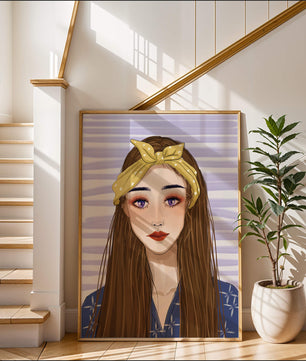 Illustration d'une femme avec un bandeau jaune sur fond rayé