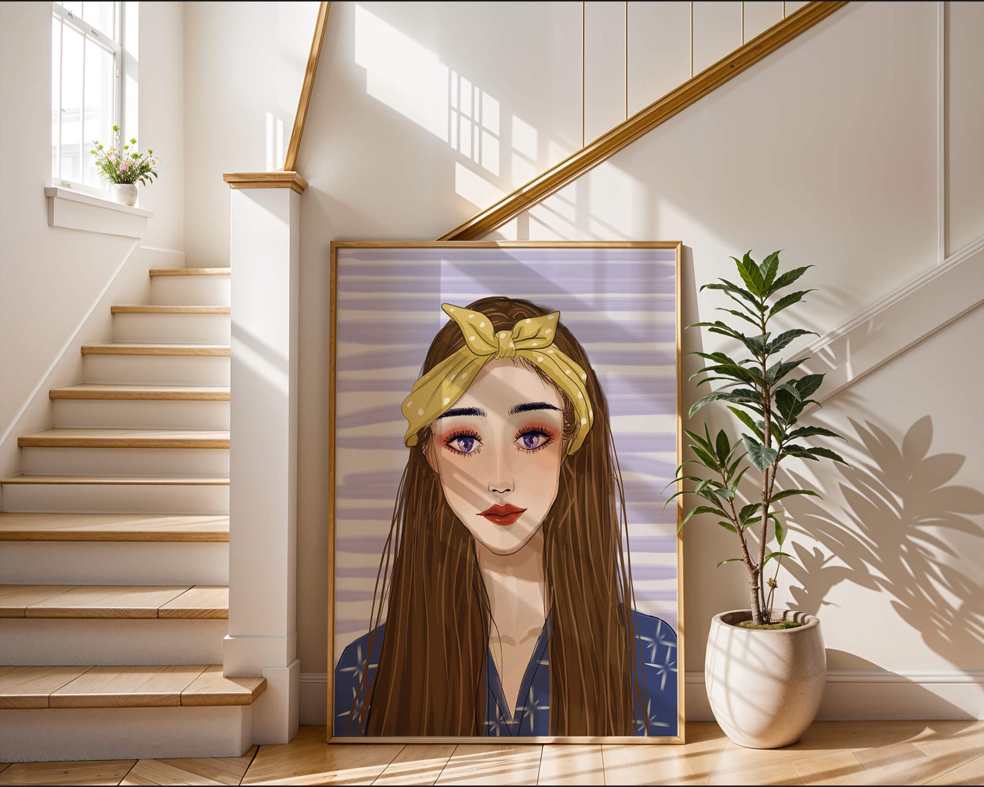 Illustration of a woman with a yellow headband against a striped background