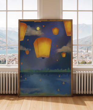 Lanterns Floating in Night Sky over Reflective Lake