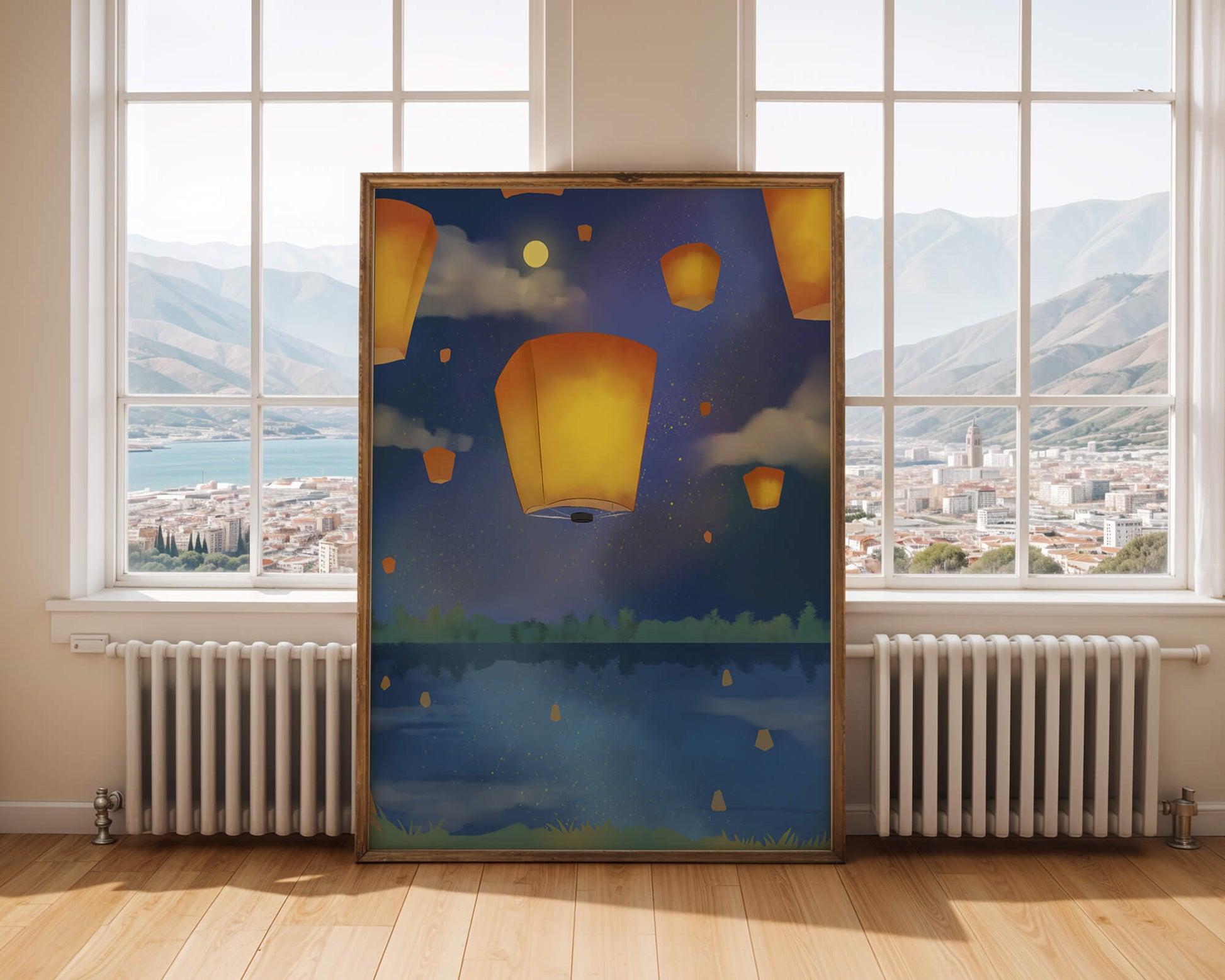 Lanterns Floating in Night Sky over Reflective Lake