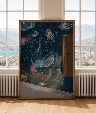 Tema de cuarto submarino con medusas y una puerta