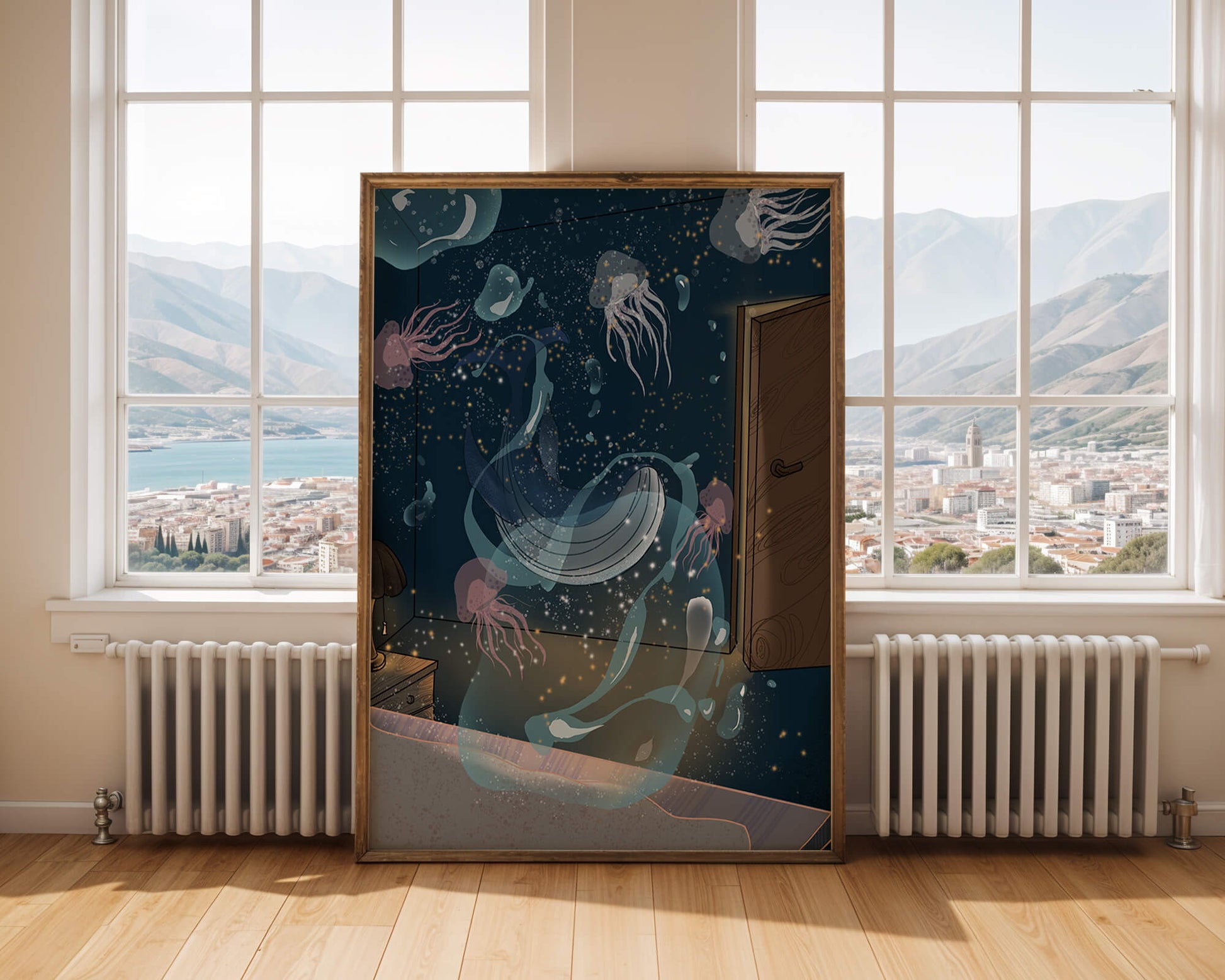 Underwater-themed room with jellyfish and a door