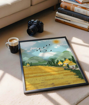 Sunny Countryside With Birds And Golden Fields