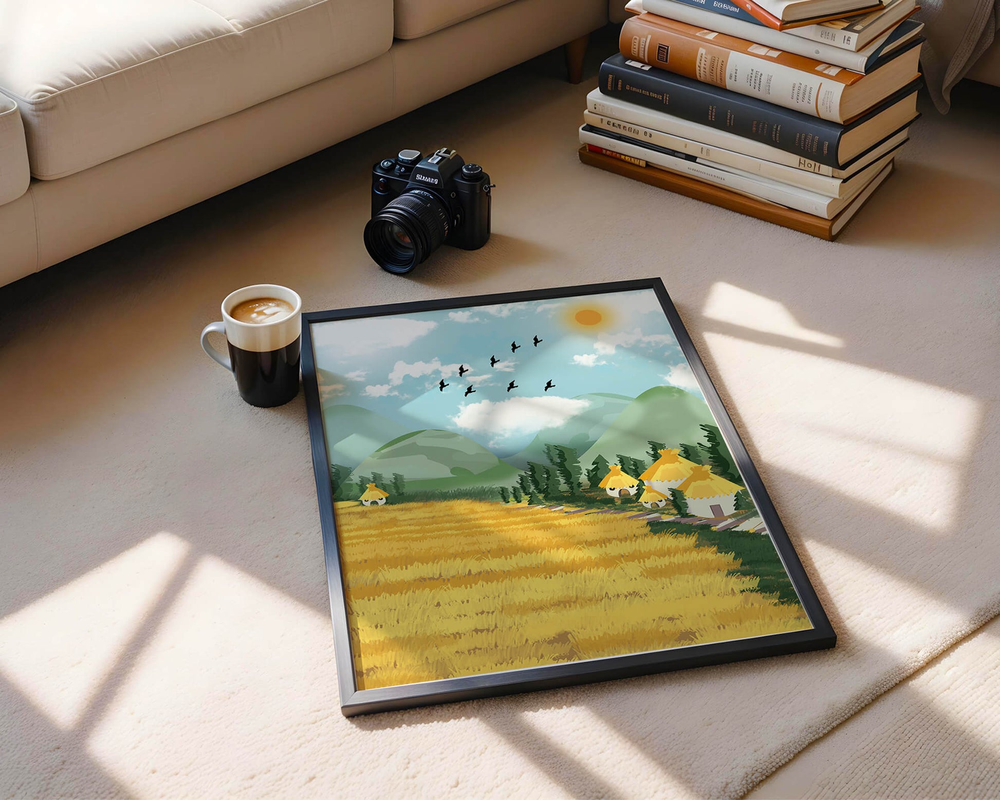Sunny Countryside With Birds And Golden Fields