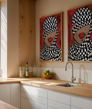 Abstract Art of Woman with Checkered Pattern and Red Lips - Mi tienda