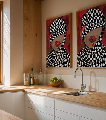 Abstract Art of Woman with Checkered Pattern and Red Lips