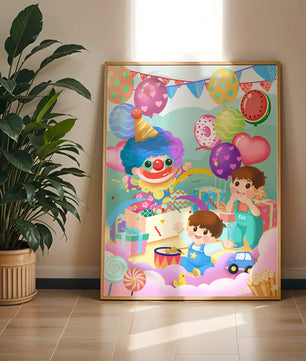 Colorful clown-themed children's party with balloons and toys