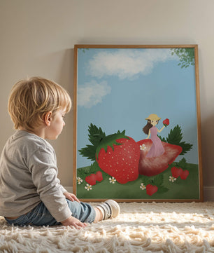 Ilustración encantadora de una niña en un campo de fresas