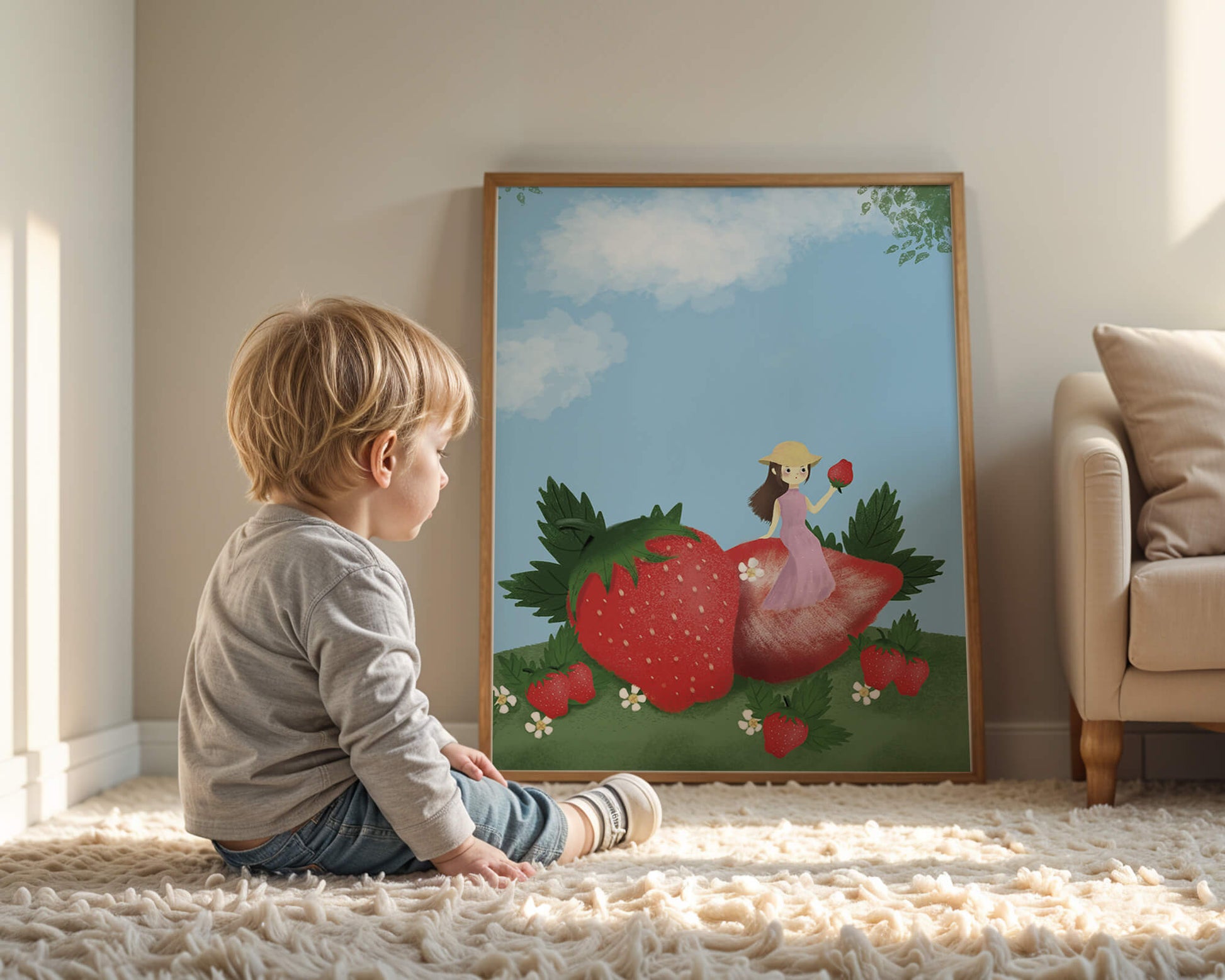 Charming illustration of a girl in a strawberry field